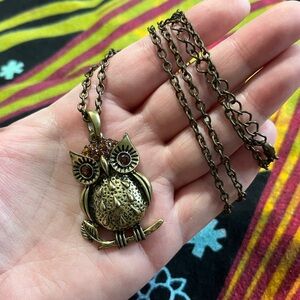 Whimsigoth Vintage Style Brass Tone Metal Owl Costume Jewelry Necklace